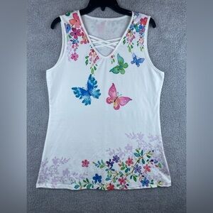 Floral Butterfly Print White Tank Top